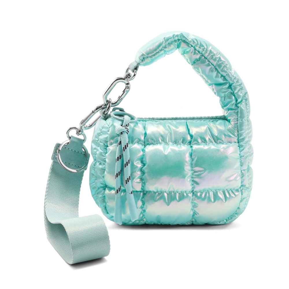NWT Iridescent Micro Mini Puffer Quilted Wristlet Bag Charm Light Blue Aqua